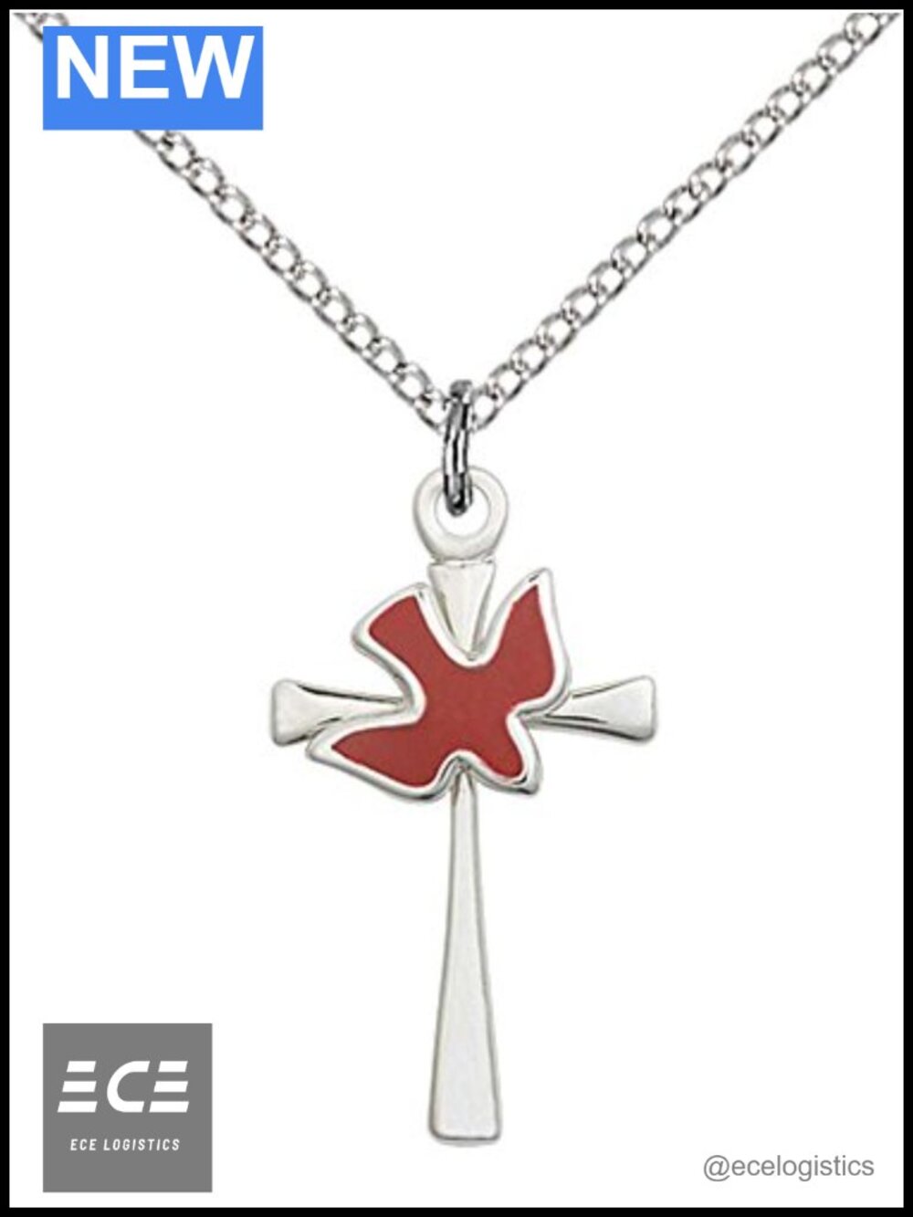 Sterling Silver Cross Holy Spirit Pendant Necklace 18" Stainless Steel Curb